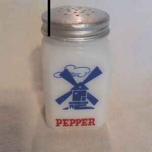 Vintage Pepper Shaker  Blue Windmill Design Hazel Atlas Milkglass 1940's-1950's